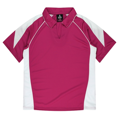 Aussie Pacific N2301 Premier Lady Polos, front view, pink and white, breathable fabric