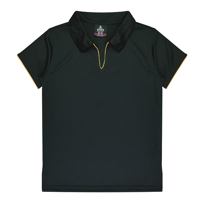 Black with gold, corporate, sports polo shirt, Aussie Pacific N2302 Yarra Ladies Polo, front view
