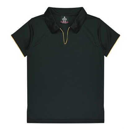 Black with gold, corporate, sports polo shirt, Aussie Pacific N2302 Yarra Ladies Polo, front view