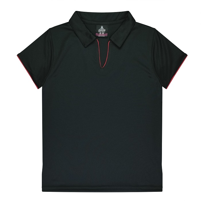 Front view, black with red, regular fit, Aussie Pacific N2302 Yarra Ladies Polo
