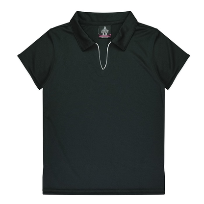 Front view, black with white, classic v neck everyday, Aussie Pacific N2302 Yarra Ladies Polo