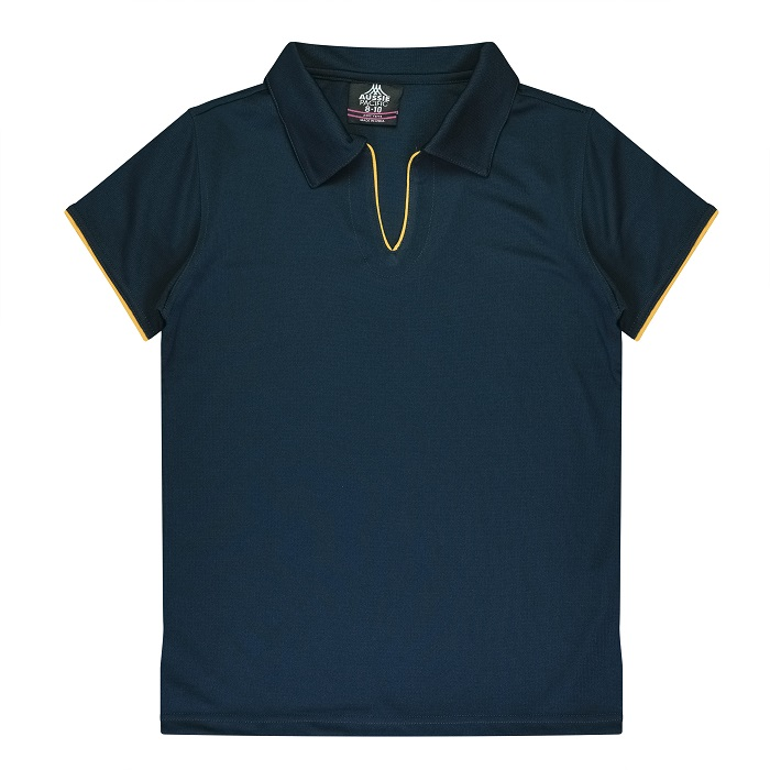 Dark navy blue with gold contrast piping, v neck, self fabric collar, Aussie Pacific N2302 Yarra Ladies Polo, front view