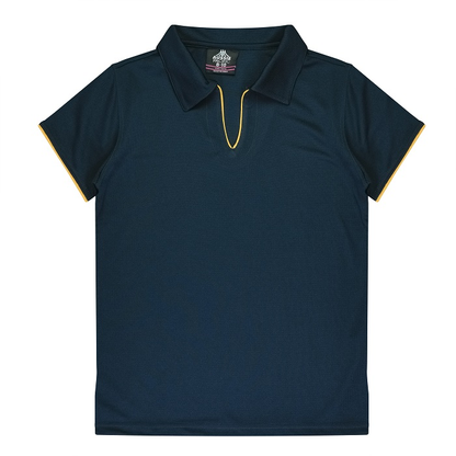 Dark navy blue with gold contrast piping, v neck, self fabric collar, Aussie Pacific N2302 Yarra Ladies Polo, front view