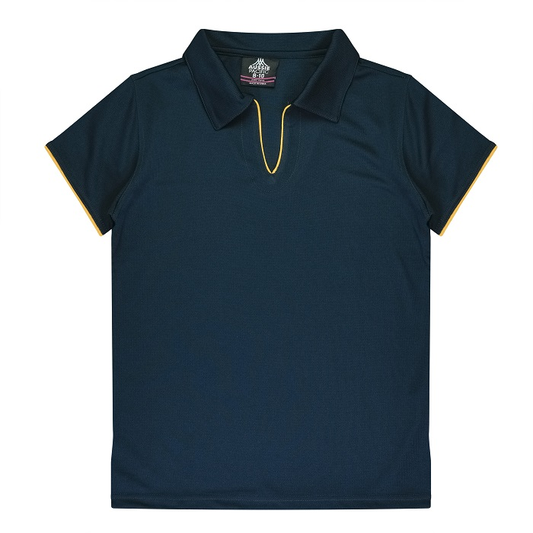 Dark navy blue with gold contrast piping, v neck, self fabric collar, Aussie Pacific N2302 Yarra Ladies Polo, front view