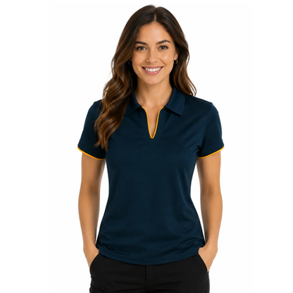 Model view, navy with gold, anti bacterial fabric finish, Aussie Pacific N2302 Yarra Ladies Polo