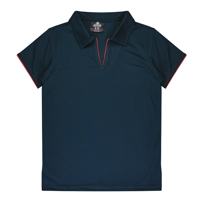 Womens classic navy with red, modern, Aussie Pacific N2302 Yarra Ladies Polo, front view