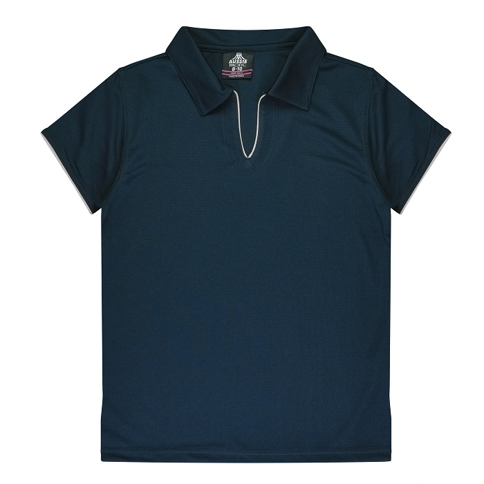 Short sleeve, moisture wicking fabric, navy blue with white piping, Aussie Pacific N2302 Yarra Ladies Polo, front view