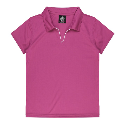 pink with white contrasting piping, professional collar, Aussie Pacific N2302 Yarra Ladies Polo, front view