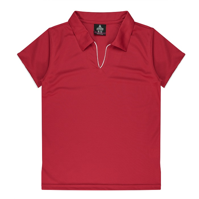 Red womens corporate polo shirt with white piping, Aussie Pacific N2302 Yarra Ladies Polo, front view