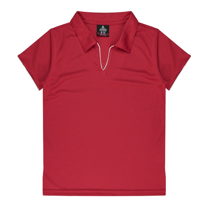 Red womens corporate polo shirt with white piping, Aussie Pacific N2302 Yarra Ladies Polo, front view