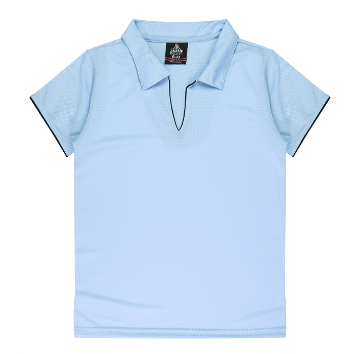 Short sleeve sky light blue, Aussie Pacific N2302 Yarra Ladies Polo, front view, anti snag fabric