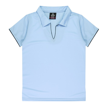Short sleeve sky light blue, Aussie Pacific N2302 Yarra Ladies Polo, front view, anti snag fabric