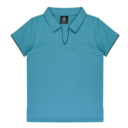 Short sleeve, professional corporate, Aussie Pacific N2302 Yarra Ladies Polo, teal with black piping, front view