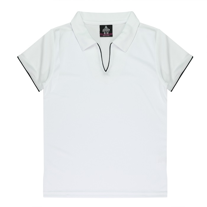 Womens, white with navy, sports polo shirt, performance fabric, Aussie Pacific N2302 Yarra Ladies Polo, front view