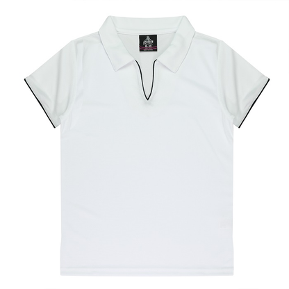 Womens, white with navy, sports polo shirt, performance fabric, Aussie Pacific N2302 Yarra Ladies Polo, front view