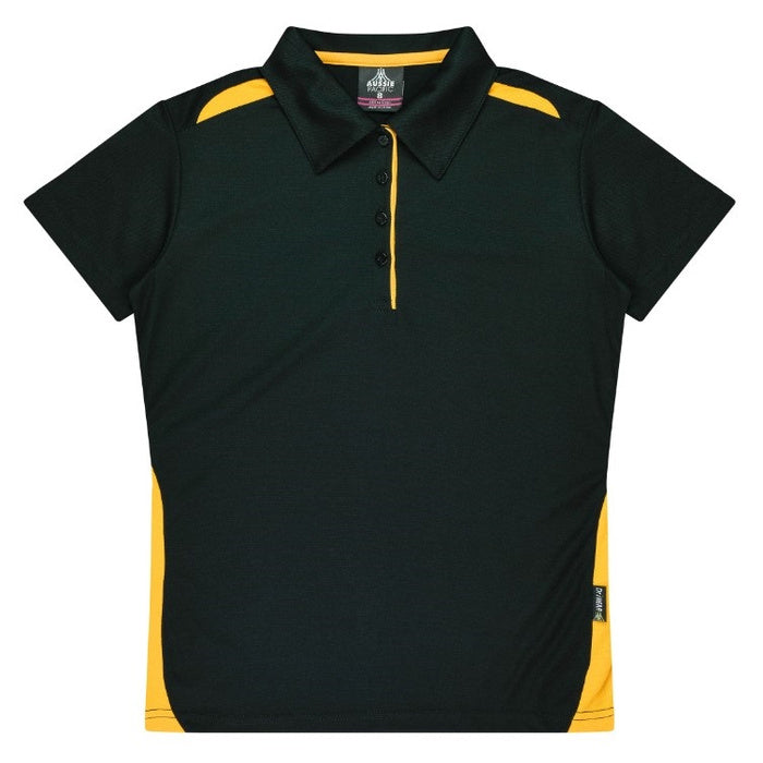 Womens Black with gold detail and contrasting panels antibacterial finish easy care Aussie Pacific N2305 Ladies Paterson Polo shirt