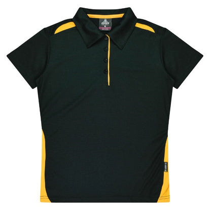 Womens Black with gold detail and contrasting panels antibacterial finish easy care Aussie Pacific N2305 Ladies Paterson Polo shirt