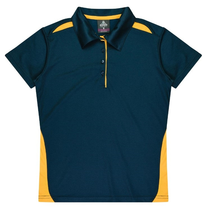 Navy and gold, short sleeve with collar, Aussie Pacific N2305 Ladies Paterson Polo, front view