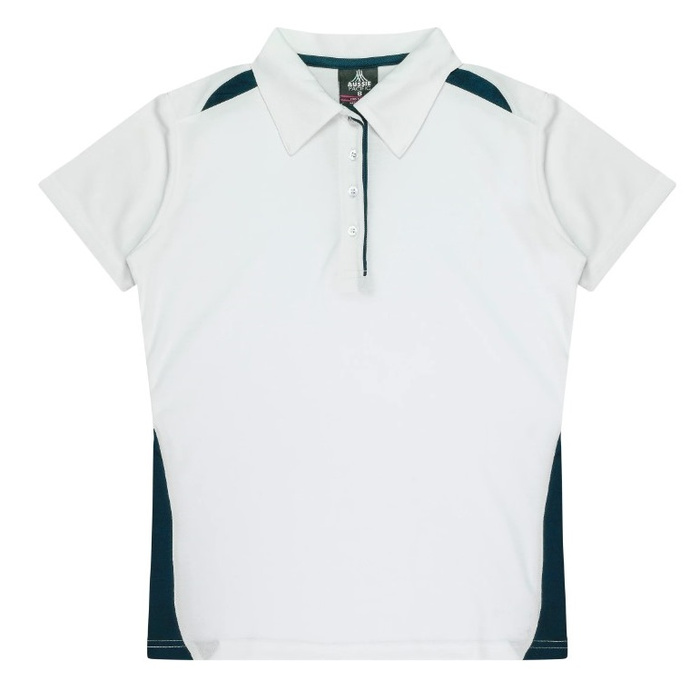 Womens, professional short sleeve polo shirt, white with navy accents, Aussie Pacific N2305 Ladies Paterson Polo, front view