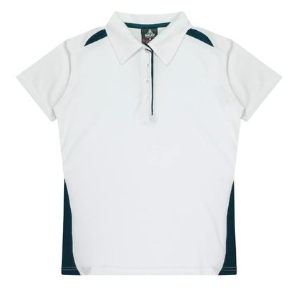 Womens, professional short sleeve polo shirt, white with navy accents, Aussie Pacific N2305 Ladies Paterson Polo, front view