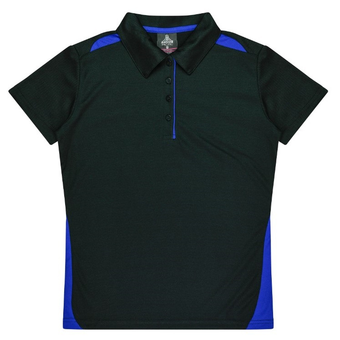 Black with royal blue,  modern fit, Aussie Pacific N2305 Ladies Paterson Polo, front view