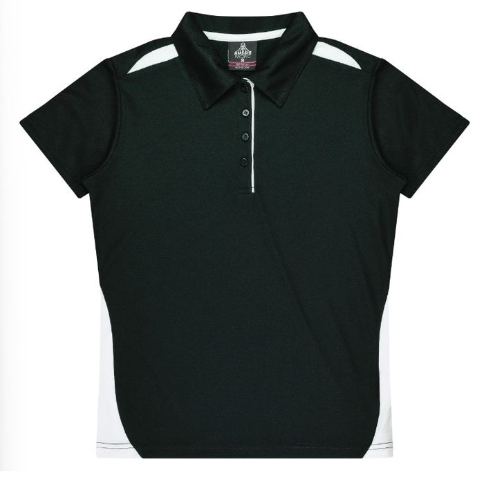 Womens black with white contrasting piping and panels , fast drying easy care modern fit sports Aussie Pacific N2305 Ladies Paterson Polo shirt