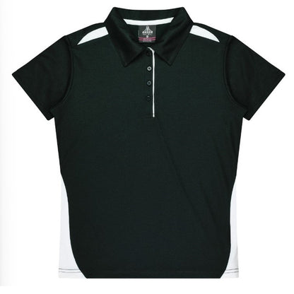 Womens black with white contrasting piping and panels , fast drying easy care modern fit sports Aussie Pacific N2305 Ladies Paterson Polo shirt