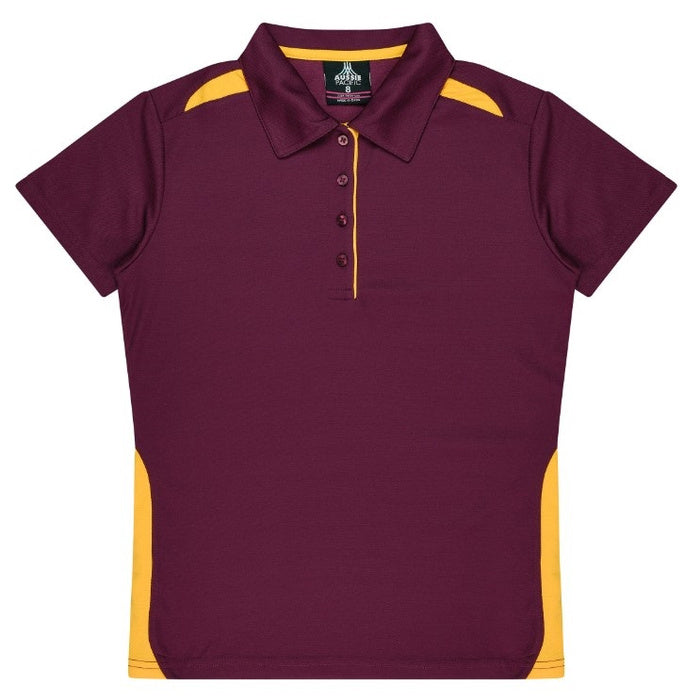 Womens short sleeve maroon and gold detail easy care wrinkle resistant Aussie Pacific N2305 Ladies Paterson Polo