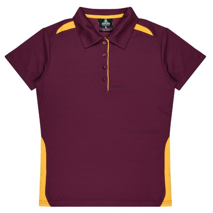 Maroon and gold womens, easy care fabric, Aussie Pacific N2305 Ladies Paterson Polo front view