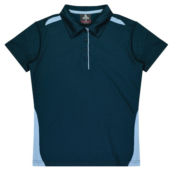 Classic womens fit, Aussie Pacific N2305 Ladies Paterson Polo, navy blue with sky accents, front view
