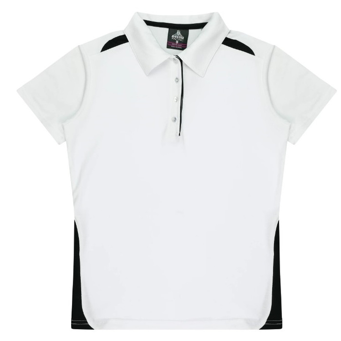 White with black accents, activewear, Aussie Pacific N2305 Ladies Paterson Polo shirt, front view