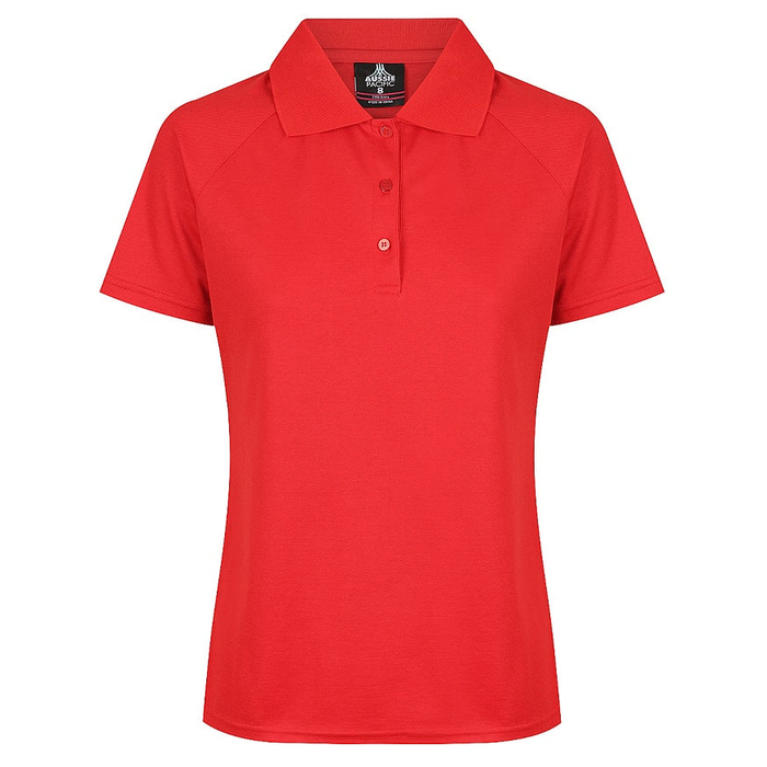 Women's short-sleeve polo shirt in bright red, Aussie Pacific N2306 Ladies Keira Polo, classic collar, front view
