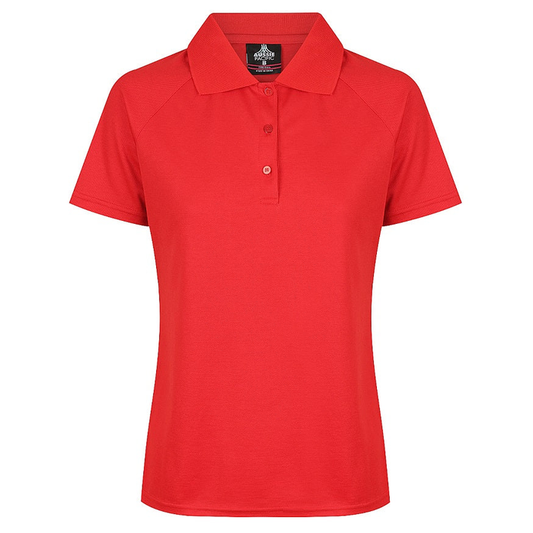 Women's short-sleeve polo shirt in bright red, Aussie Pacific N2306 Ladies Keira Polo, classic collar, front view