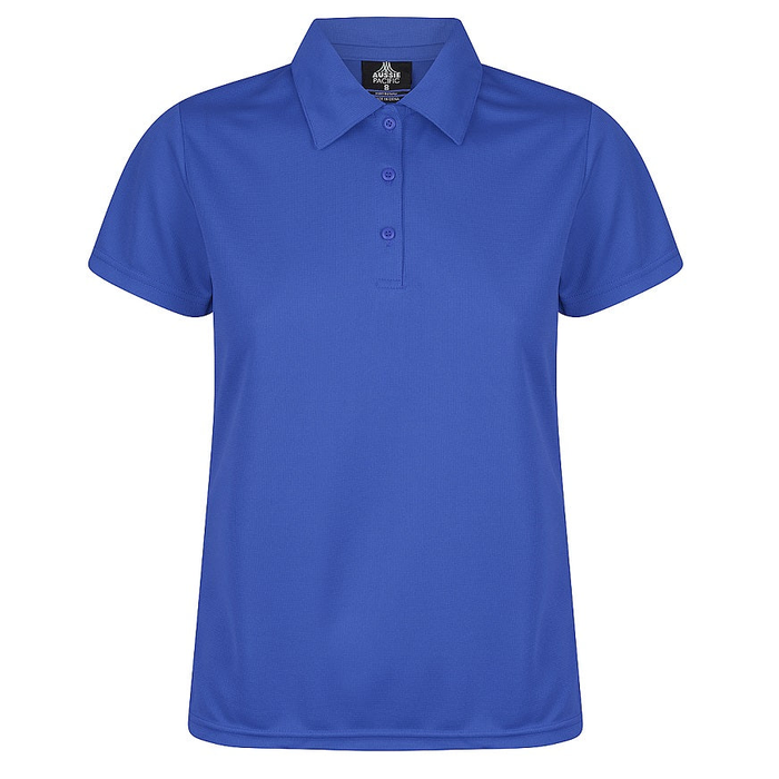Womens royal blue short-sleeve polo shirt with a three-button placket, Aussie Pacific N2307 Botany Ladies Polo, front view