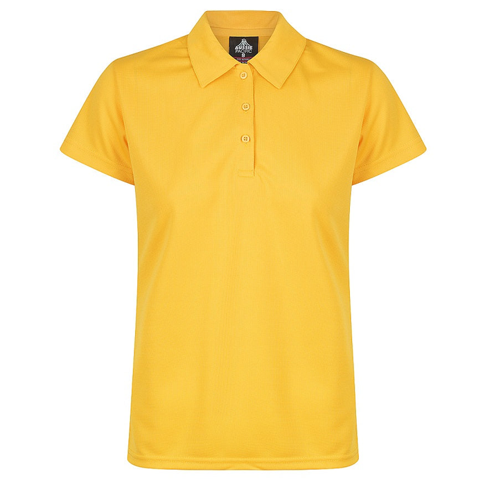 Bright gold coloured, Aussie Pacific N2307 Botany Ladies Polo, anti snag fabric, front view