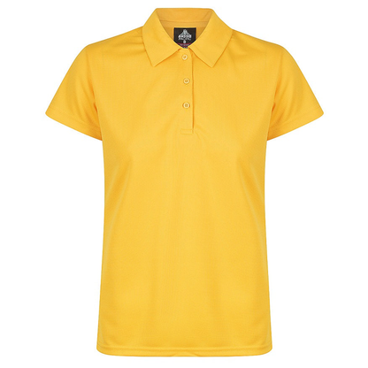 Bright gold coloured, Aussie Pacific N2307 Botany Ladies Polo, anti snag fabric, front view