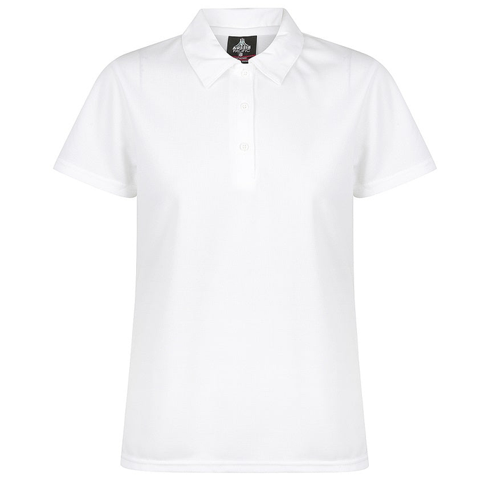 White short-sleeve polo shirt with a classic collar, Aussie Pacific N2307 Botany Ladies Polo, front view