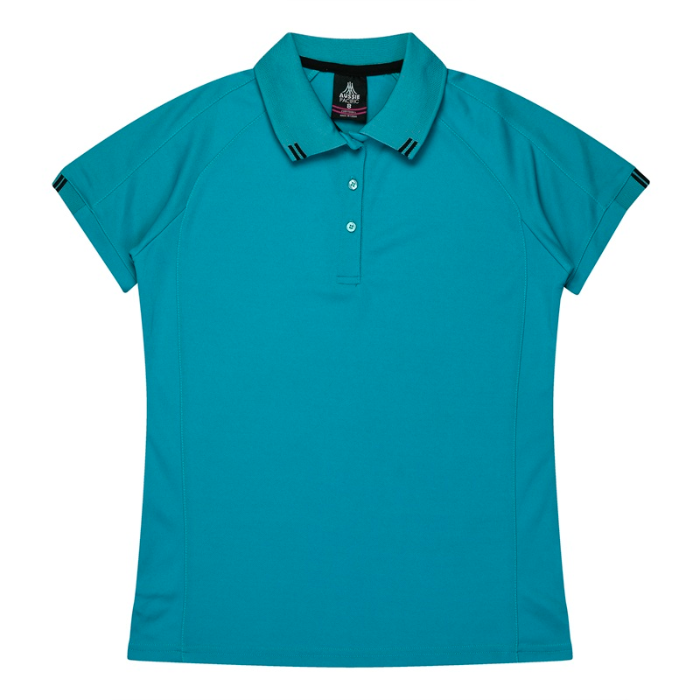 Womens short sleeve modern fit, bright teal with black detail. Aussie Pacific N2308 Flinders Lady Polos, front view