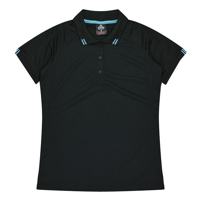 Aussie Pacific N2308 Flinders Lady Polos - Black/Teal - Front View
