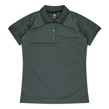 Aussie Pacific N2308 Flinders Lady Polos, slate grey with black accents, quick drying, easy care, front view