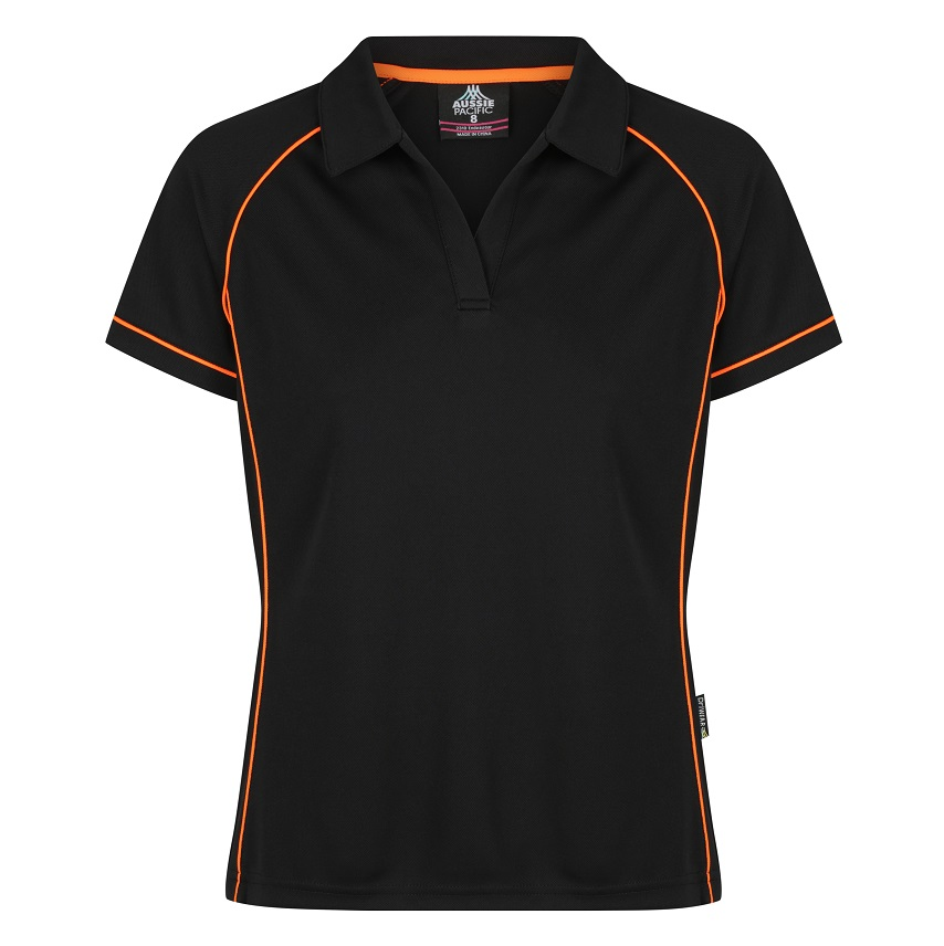 Aussie Pacific N2310 Endeavour Ladies Polo, black with orange piping, front view, activewear 