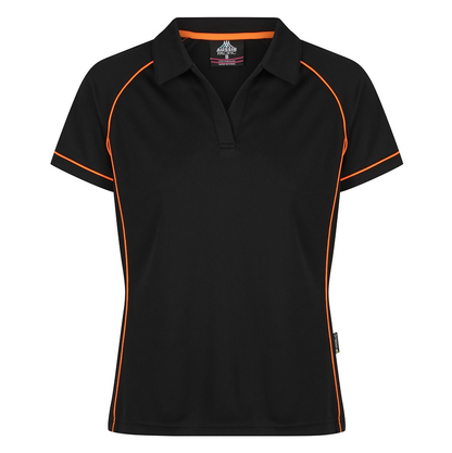 Aussie Pacific N2310 Endeavour Ladies Polo, black with orange piping, front view, activewear 