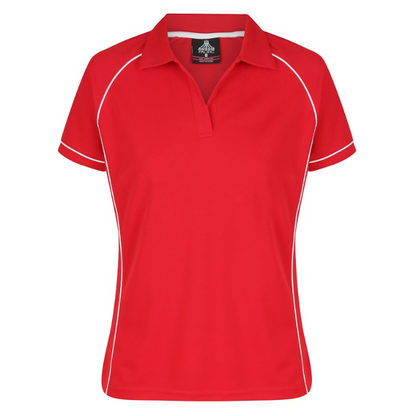 Modern fit, red and white, Aussie Pacific N2310 Endeavour Ladies Polo, sports or workwear polo, front view