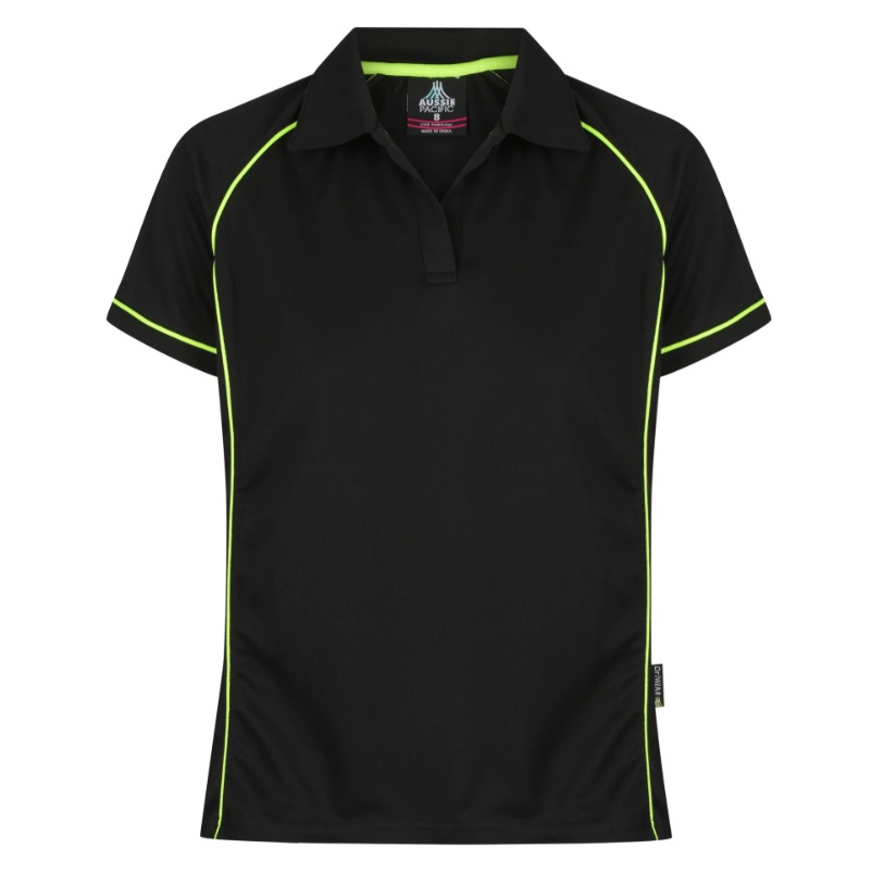 Black short-sleeve polo shirt with bright neon green piping along the collar, sleeve cuffs, and side seams, Aussie Pacific N2310 Endeavour Ladies Polo, front view