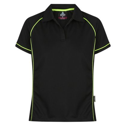 Black short-sleeve polo shirt with bright neon green piping along the collar, sleeve cuffs, and side seams, Aussie Pacific N2310 Endeavour Ladies Polo, front view