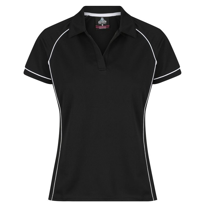 Black with white piping, premium sports, Aussie Pacific N2310 Endeavour Ladies Polo, front view