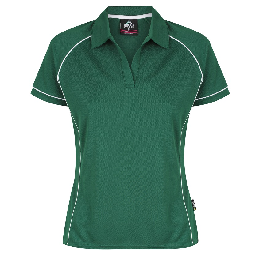 Green with white, front view, Aussie Pacific N2310 Endeavour Ladies Polo, premium anti bacterial fabric