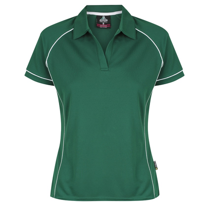 Green with white, front view, Aussie Pacific N2310 Endeavour Ladies Polo, premium anti bacterial fabric
