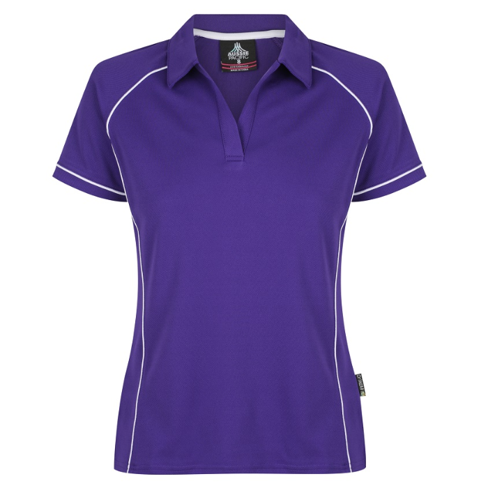 Purple and white, Aussie Pacific N2310 Endeavour Ladies Polo, front view, feminine shaped fit