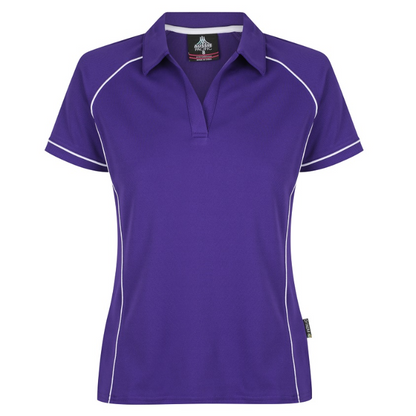 Purple and white, Aussie Pacific N2310 Endeavour Ladies Polo, front view, feminine shaped fit